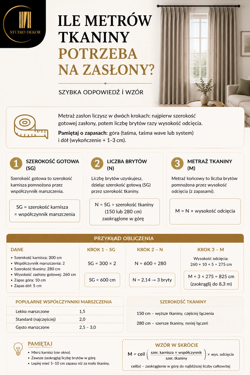 Ile metrów tkaniny potrzeba na zasłony - wzór i sposób wyliczenia